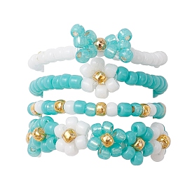 4Pcs 4 Style Glass Seed Beaded Stretch Finger Rings, Flower & Bowknot Stackable Rings