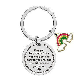 Flat Round with Word Stainless Steel Pendant Keychain, with Iron Findings, with Rainbow Charms