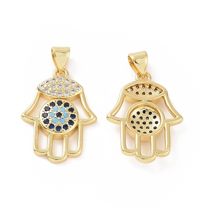 Brass Micro Pave Cubic Zirconia Pendants, Hamsa Hand/Hand of Miriam with Evil Eye Charm