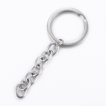 Polishing 304 Stainless Steel Split Key Rings, Keychain Clasp Findings, with Extended Chains
