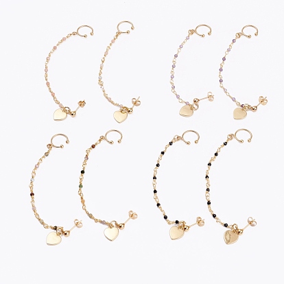 304 Stainless Steel Stud Earrings, with Clip-on Earrings and Natural Gemstone Beaded Chains, Heart, Real 18K Gold Plated