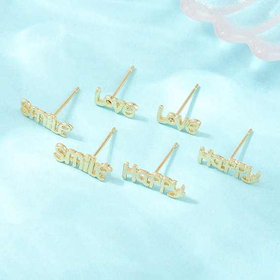 Brass Stud Earrings, Word, Cadmium Free & Lead Free, Long-Lasting Plated, Rack Plating