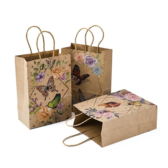 Бумажные пакеты из крафт-бумаги с узором «цветок-бабочка», с ручками, для подарочных пакетов и сумок, прямоугольные
