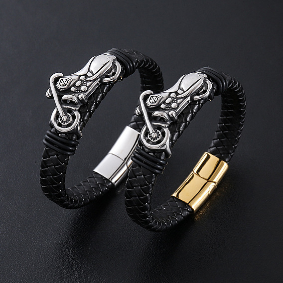 Браслеты из плетеного шнура из искусственной кожи в стиле панк, 304 Браслеты с подвесками в виде мотоциклов из нержавеющей стали для мужчин, с магнитной застежкой