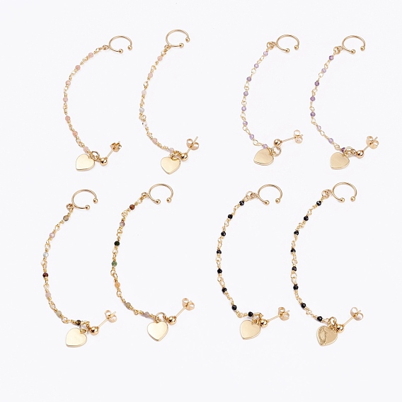 304 Stainless Steel Stud Earrings, with Clip-on Earrings and Natural Gemstone Beaded Chains, Heart, Real 18K Gold Plated