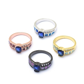 Cubic Zirconia Finger Rings, with Synthetic Opal and Brass Findings, Long-Lasting Plated, Oval, Size 7