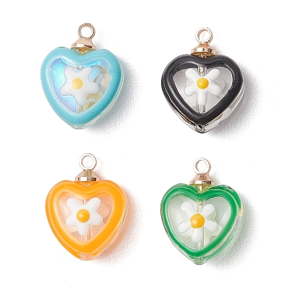 Подвески из стеклянной эмали, сердце с цветочным шармом, с латунной фурнитурой 