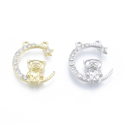 Rack Plating Alloy Rhinestone Pendants, Moon Charms with Bear, Cadmium Free & Nickel Free & Lead Free