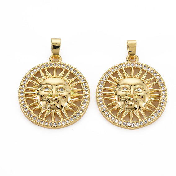 Brass Micro Pave Cubic Zirconia Pendants, Nickel Free, Flat Round with Sun