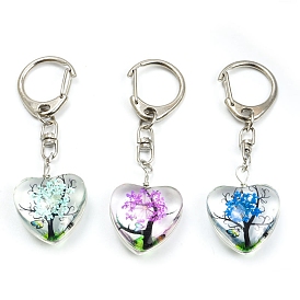 Glass Heart with Tree of Life Keychain, with Alloy Findings