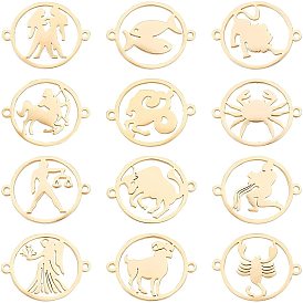 Unicraftale 12Pcs 12 Style 304 Stainless Steel Links Connectors, Flat Round with Twelve Constellation/Zodiac Sign