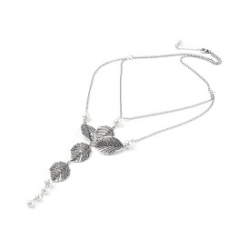 Alloy Bib Statement Necklaces, with Glass Pearl Beads, Stainless Steel Chains and Brass Findings, Leaf