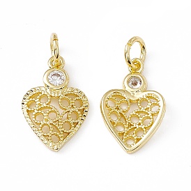 Brass Cubic Zirconia Pendants, Hollow Heart Charm, with Jump Ring