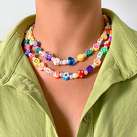 Retro Color Block Clay Fruit Necklace with Minimalist Glass Flower and Pearl Pendant