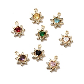 Латунные микро проложить кубического циркония прелести, цветок с сердцем, долговечный, стойки покрытие, без свинца и без кадмия, реальный 18 k позолоченный