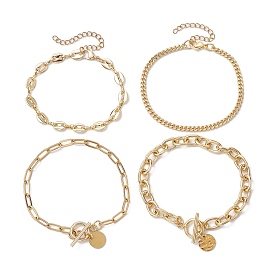 4Pcs 4 Styles 304 Stainless Steel & Brass Chain Bracelets