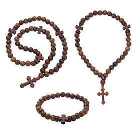 3комплекты ожерелий и браслетов из деревянных бусин, крестик