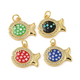 Brass Micro Pave Cubic Zirconia Pendants, with Enamel & Shell, with Jump Rings, Real 18K Gold Plated, Fish