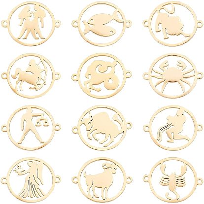 12Pcs 12 Style 304 Stainless Steel Links Connectors, Flat Round with Twelve Constellation/Zodiac Sign