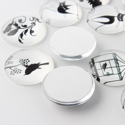 Retro Black and White Picture Glass Cabochons, Half Round/Dome