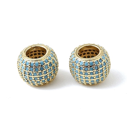 Brass Micro Pave Sky Blue Cubic Zirconia European Beads, Round, Large Hole Beads, Rack Plating, Long-Lasting Plated, Lead Free & Cadmium Free