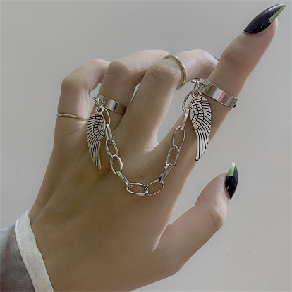Punk Chains Double Finger Rings with Wings Charms, Tassel Stackable Knuckle Rings with Two Simple Thin Finger Rings for Women