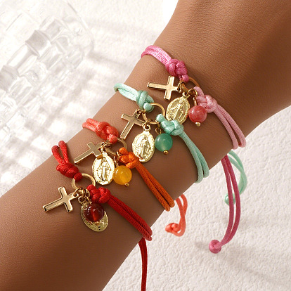 Браслеты ручной работы из регулируемого латунного шнура с подвесками, крест с девственной мари, золотые
