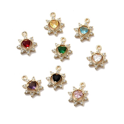 Латунные микро проложить кубического циркония прелести, цветок с сердцем, долговечный, стойки покрытие, без свинца и без кадмия, реальный 18 k позолоченный