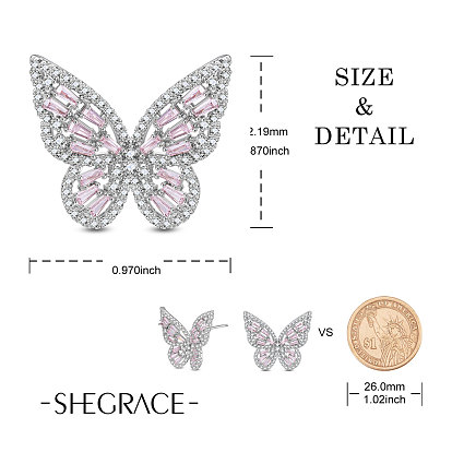 SHEGRACE Brass Stud Earrings, with Grade AAA Cubic Zirconia and 925 Sterling Silver Pins, Butterfly