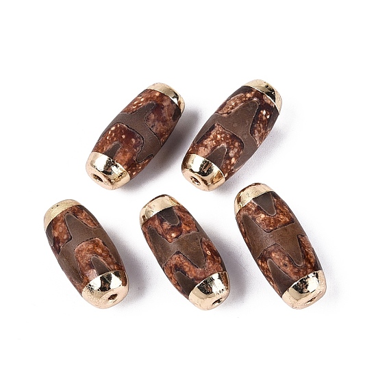 Бусины из агата дзи в тибетском стиле, природных бисера агат, окрашенные, баррель, с фурнитурой позолоченной латунной, золотые, седло коричневый