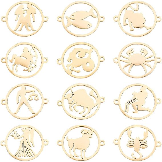 12Pcs 12 Style 304 Stainless Steel Links Connectors, Flat Round with Twelve Constellation/Zodiac Sign
