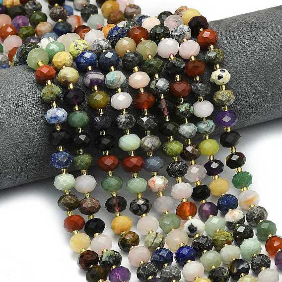 Нити бусин из натурального аметиста, сердолика, красной яшмы, зеленого авантюрина и содалита, граненые, рондель, с бисером