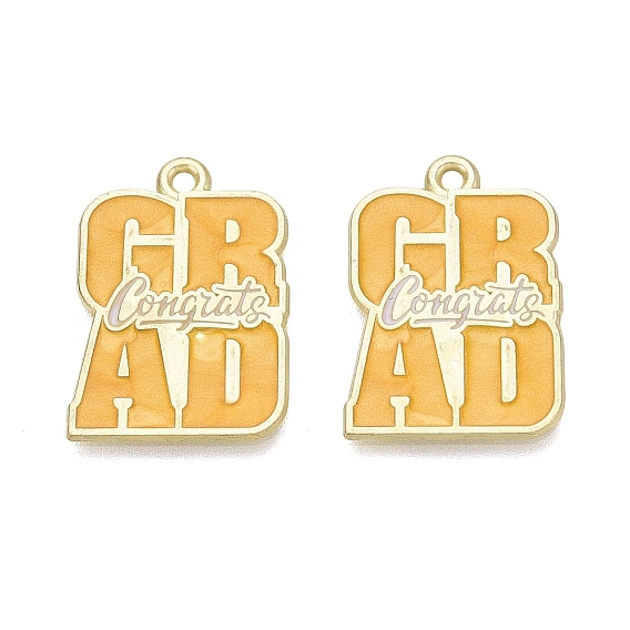 Alloy Enamel Pendants, Word Congrats and GRAD Charms, Light Gold