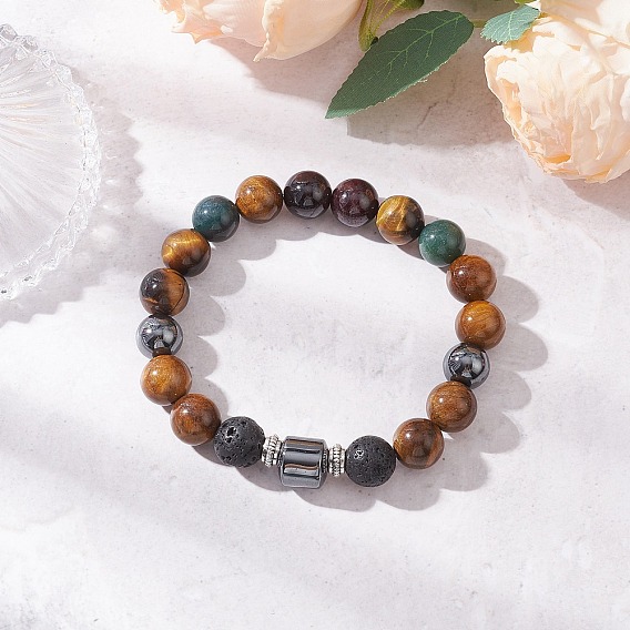 Браслеты из натуральных круглых бусин из мохового агата, лавового камня, граната, тигрового глаза и немагнитного синтетического гематита для мужчин