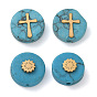 Natural Turquoise Beads, Flat Round with 304 Stainless Steel Slice, Golden