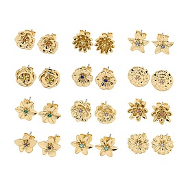 Brass Micro Pave Cubic Zirconia Ear Studs, Flower, Golden