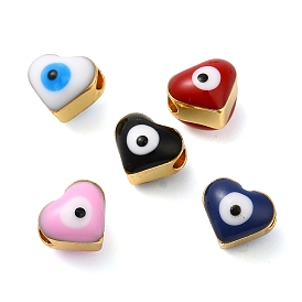Golden Tone Brass Enamel Beads, Cadmium Free & Lead Free, Long-Lasting Plated, Heart with Evil Eye