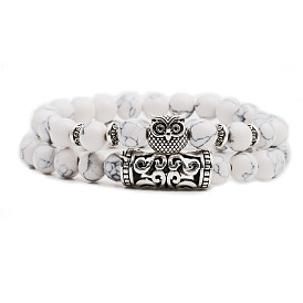 Boho Style Beaded Bracelet Set with White Turquoise, Owl and Lion Charms