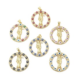 Rack Plating Brass Micro Pave Clear Cubic Zirconia Pendants, with Enamel, Cadmium Free & Lead Free, Real 18K Gold Plated, Ring with Saint & Evil Eye