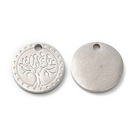316L Surgical Stainless Steel Charms, Flat Round with Tree Charm, Textured
