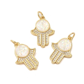 Brass Micro Pave Cubic Zirconia Pendants, with Synthetic Opal, Long-Lasting Plated, Lead Free & Cadmium Free, Hamsa Hand, with Jump Rings