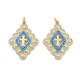 Латунные микропроволочные кубические циркониевые подвески из эмали, ромб с крестообразными подвесками, с соединительным кольцом и жемчужиной из АБС-пластика
