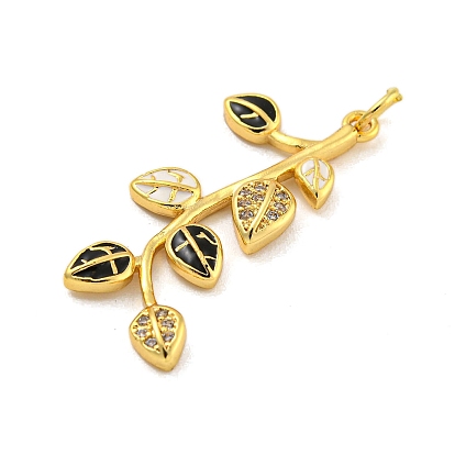 Real 18K Gold Plated Brass Micro Pave Cubic Zirconia Pendants, with Enamel and Jump Rings, Leaf