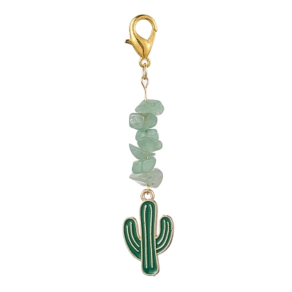 Alloy Enamel Pendant Decorations, with Natural Green Aventurine Chip Beads, Cactus