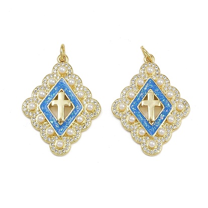 Латунные микропроволочные кубические циркониевые подвески из эмали, ромб с крестообразными подвесками, с соединительным кольцом и жемчужиной из АБС-пластика