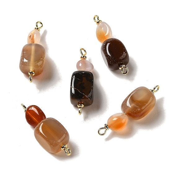Natural Agate Connector Charms, Nuggets Links with Golden Brass Double Loops