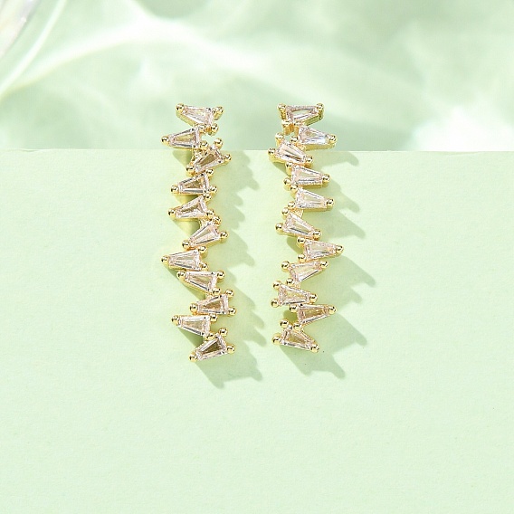 Brass Pave Cubic Zirconia Stud Crawler Earrings, Triangle, Real 18K Gold Plated, Cadmium Free & Lead Free, Long-Lasting Plated, Rack Plating