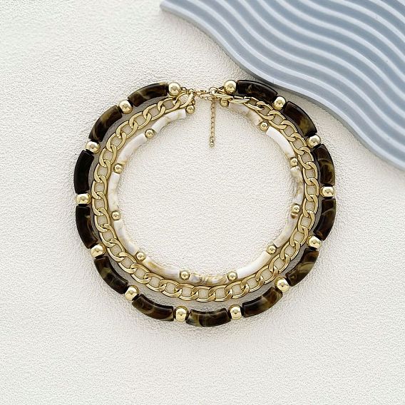 Изогнутая трубка из смолы и витая цепочка из пластика и сплава 3 ожерелья из слоев, кокосового коричневый