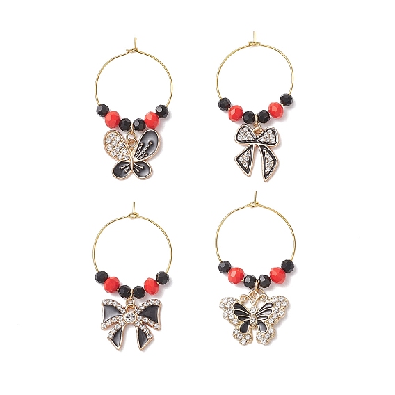 4 шт. подвески-бантики в виде бабочки из сплава со стразами и эмалью, подвески в виде бокалов для вина, со стеклянными бусинами и латунным кольцом