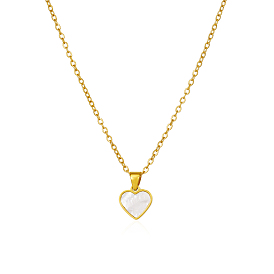 Natural White Shell 304 Stainless Steel Heart Pendant Necklaces for Women